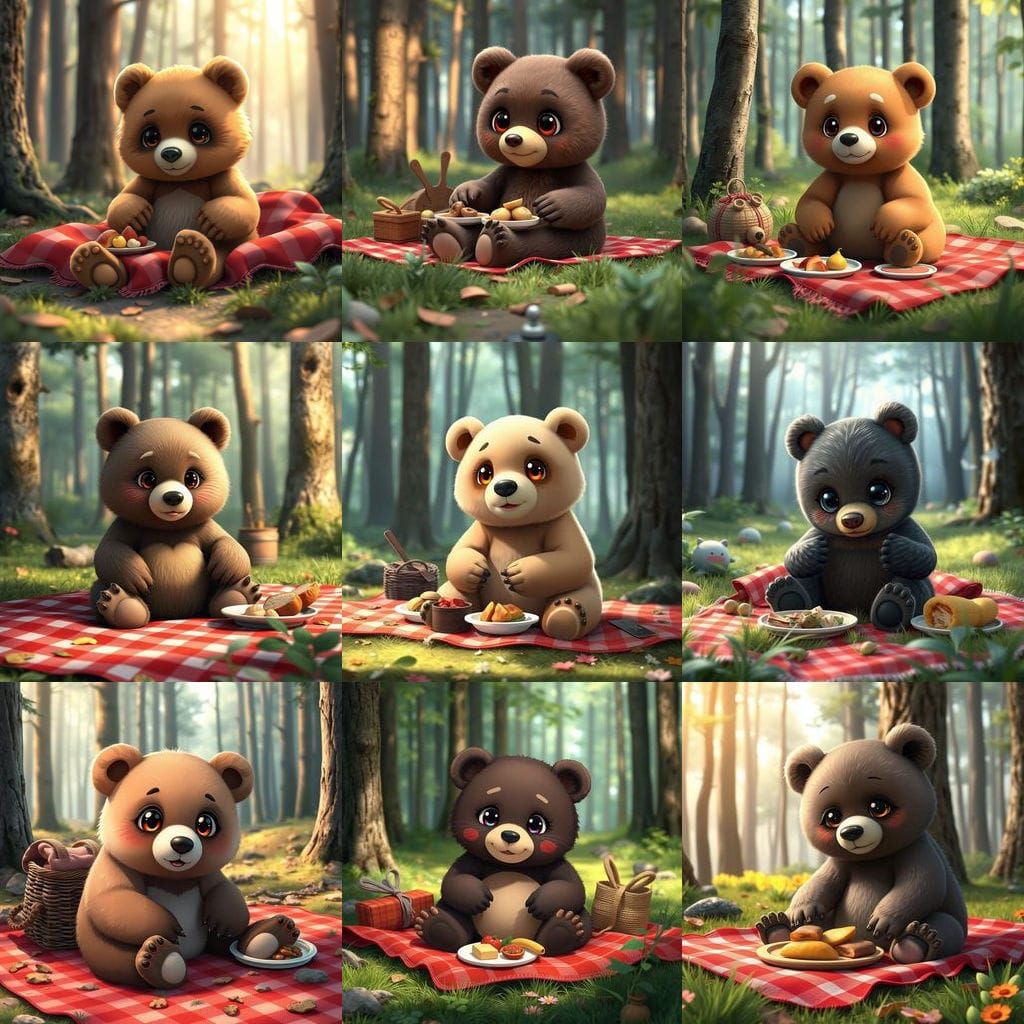 Surreal Forest Scene: Adorable Baby Bear's Whimsical Picnic