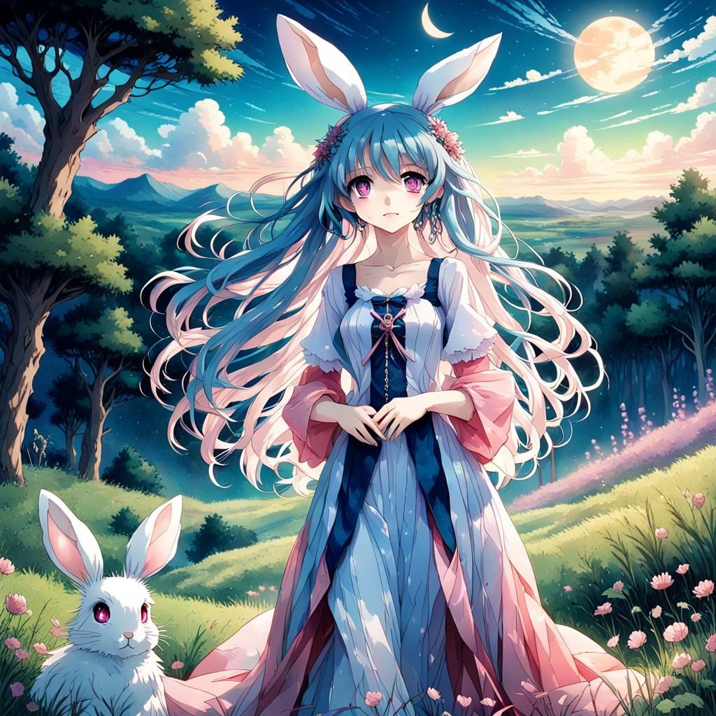 Anime Rabbit Girl in Surreal Meadow Landscape