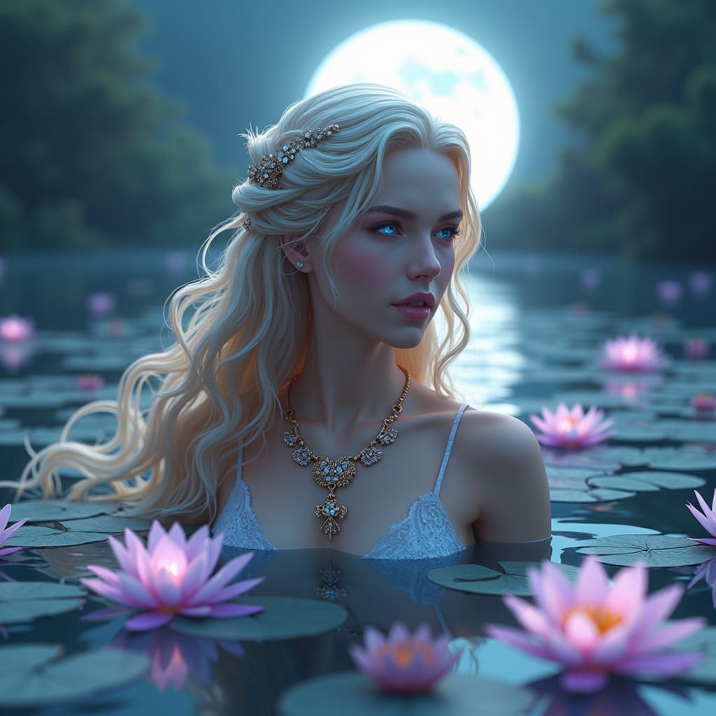 Freya in Moonlit Pond: A Fantasy Concept Art