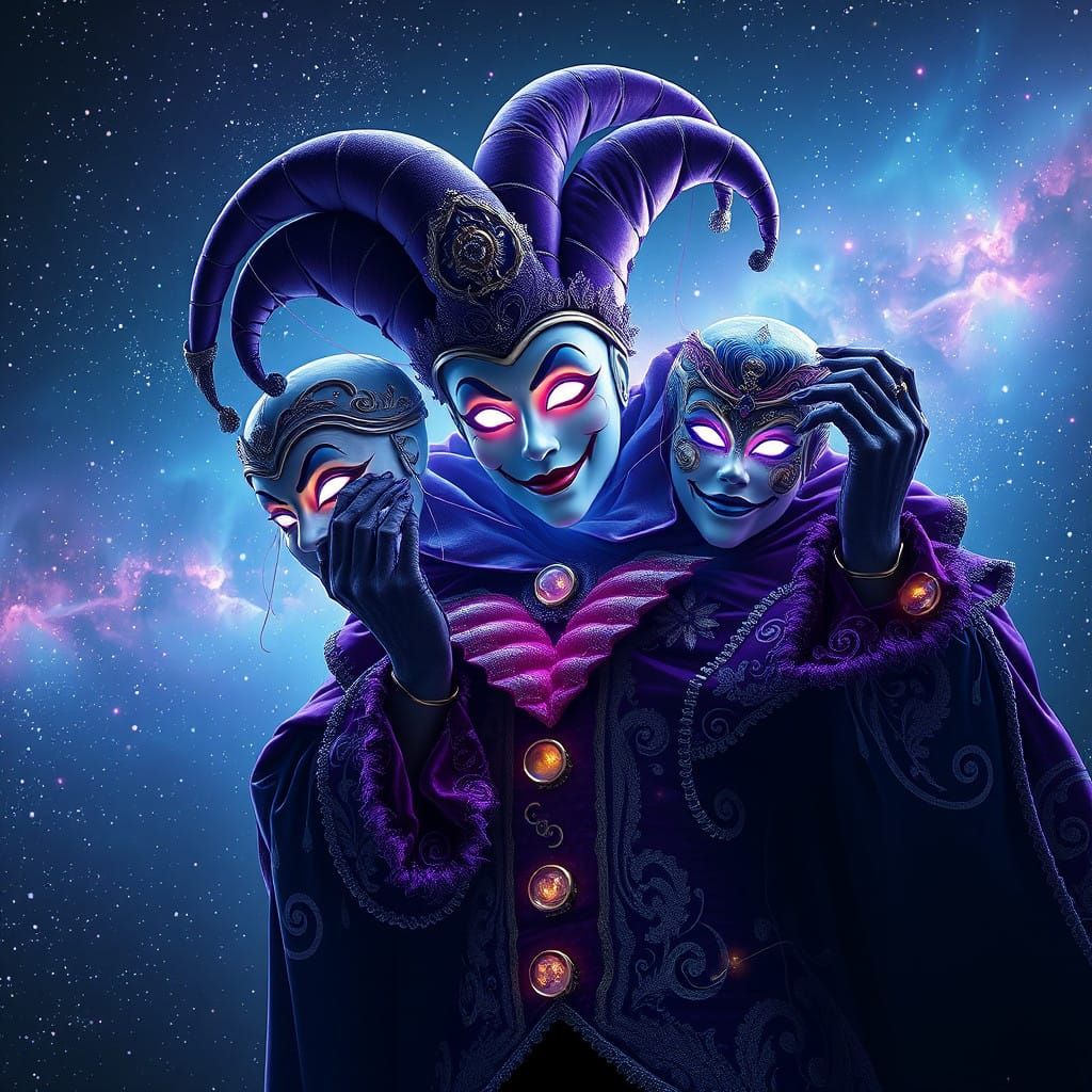 Cosmic Jester Unveils Radiant Ethereal Face in Whimsical Dre...