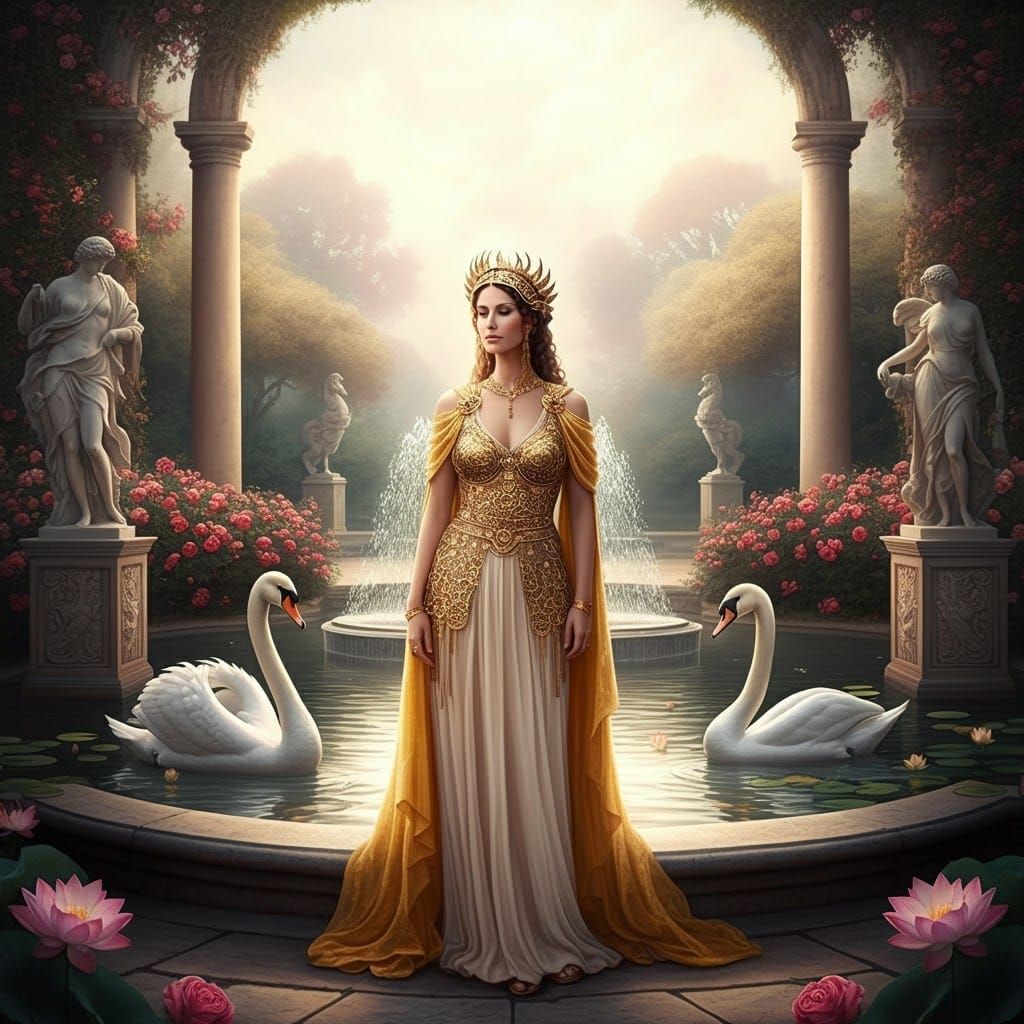 Elegant Roman Queen with Swans in Oil Painting Style