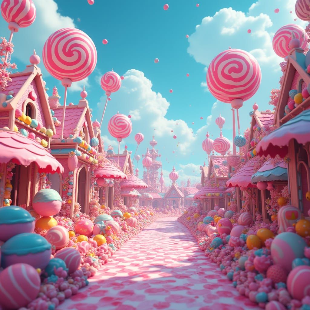 Surreal Candy Land Landscape in Hyperrealistic Digital Illus...