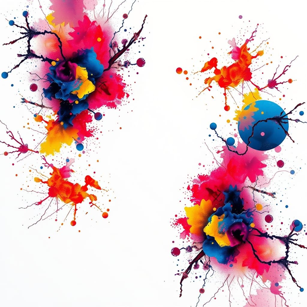 Colorful Ink Splatters on White Canvas in 3D Anime Art