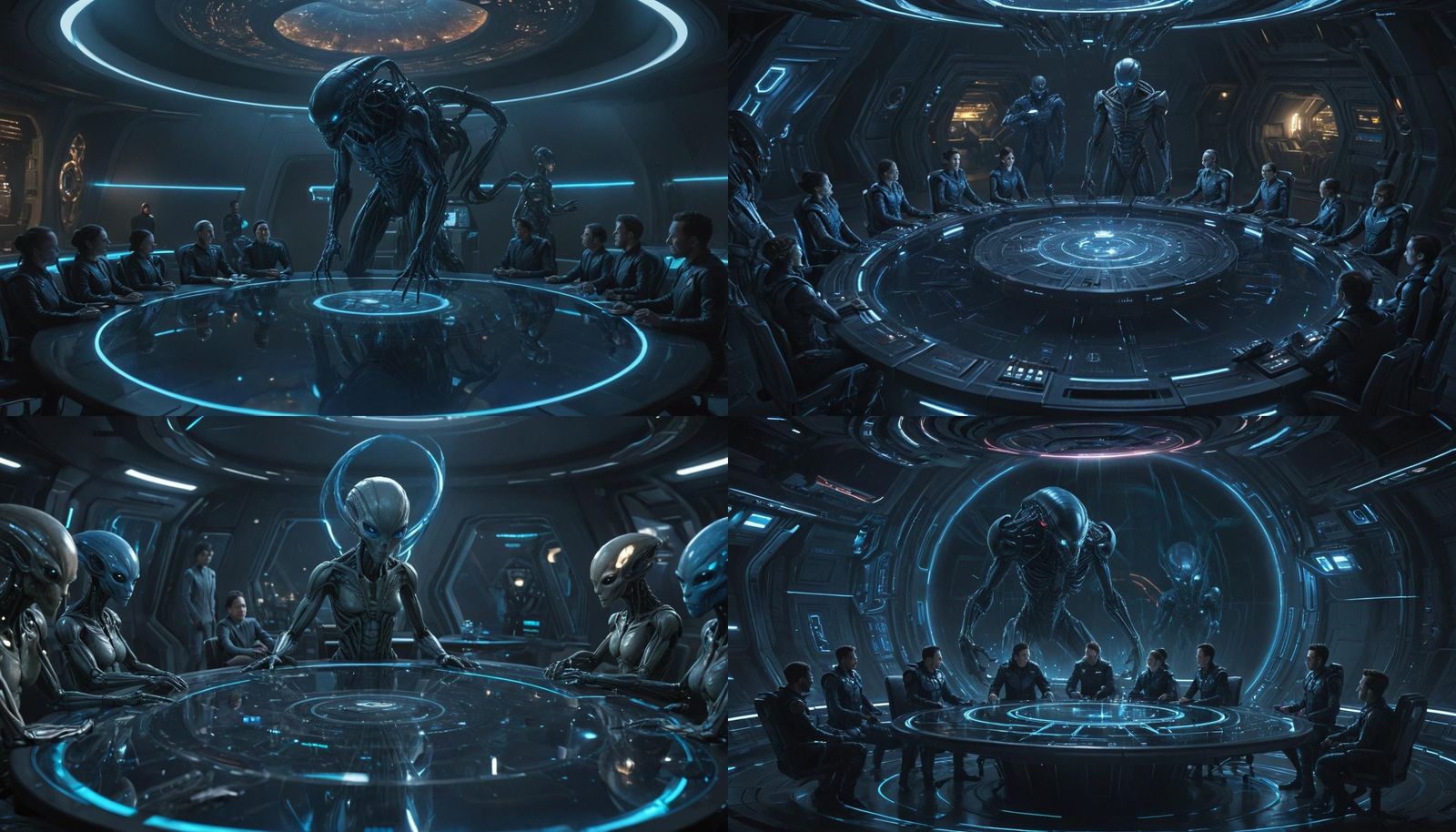 Futuristic Alien Council Chamber with Earth Warship Display