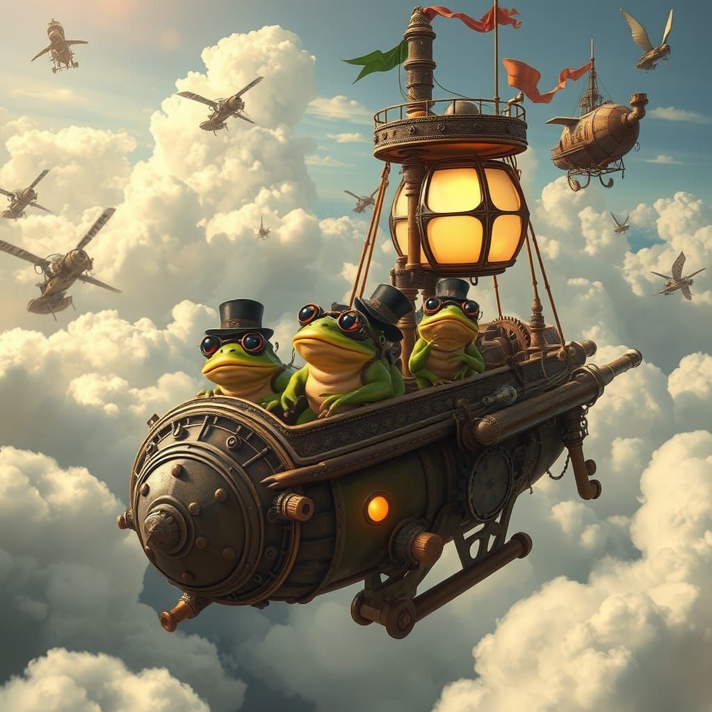 Steampunk Frogs Pilot an Ornate Airship through Clouds