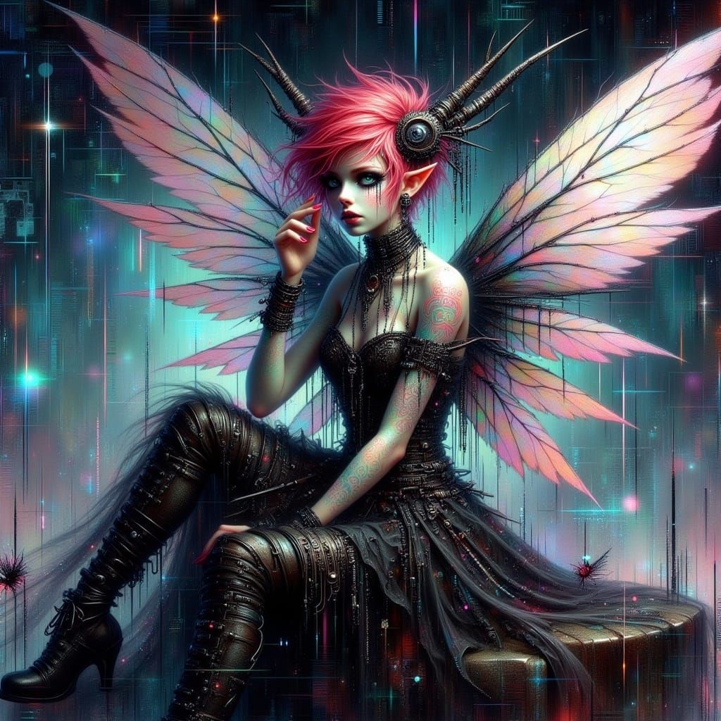 Cyber Fae on Planet Edge with Glitch Background