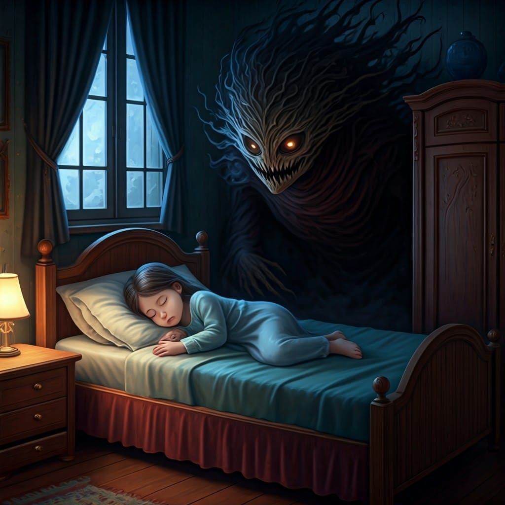 Gothic Monster Watches Sleeping Girl: Matte Painting