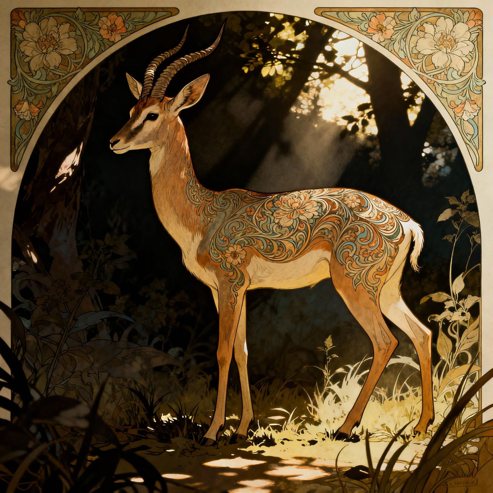 Art Nouveau Gazelle In Sun-Dappled Clearing
