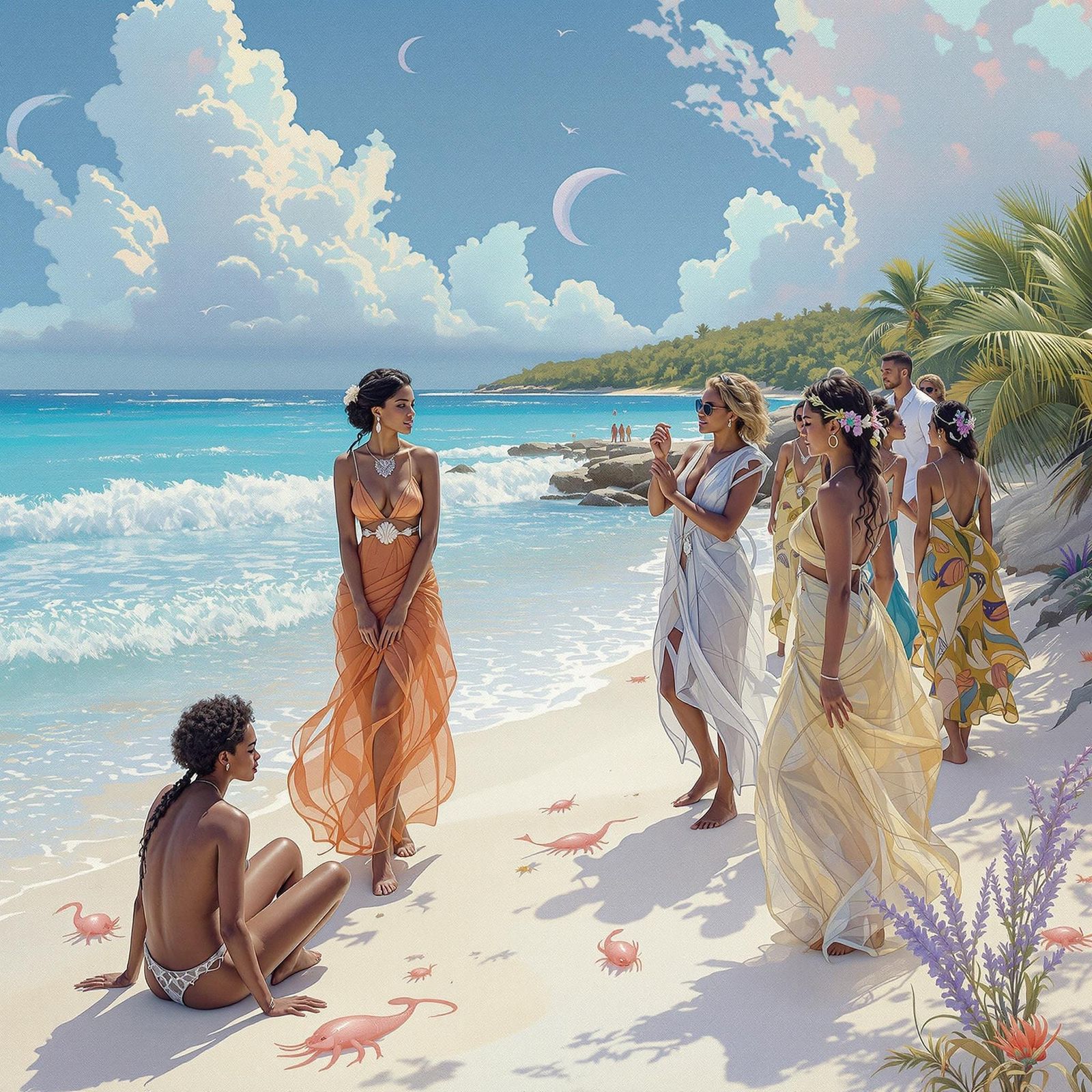 Anguillan Villagers Gather on Shoal Bay in Art Nouveau Style