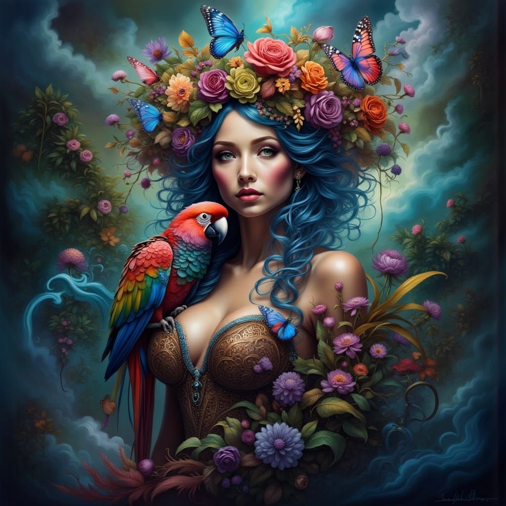 Jungle Fairy with Parrot in Detailed Matte Painting