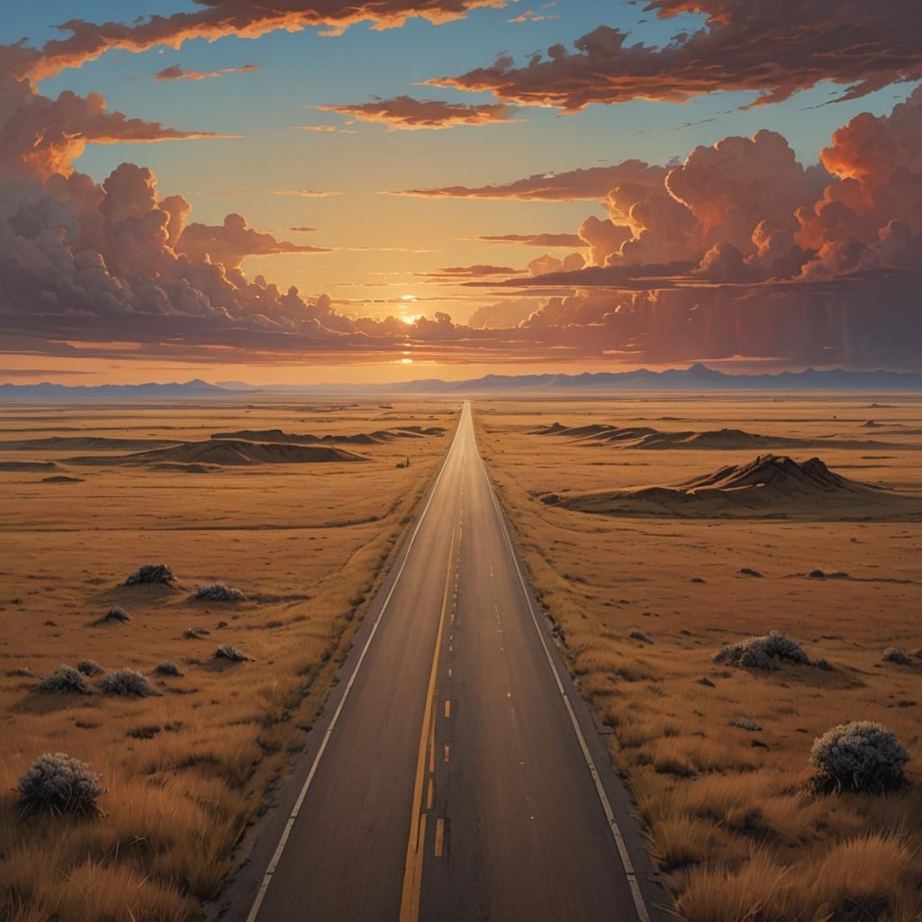 Prairie Highway at Golden Hour in Digital Painting Style