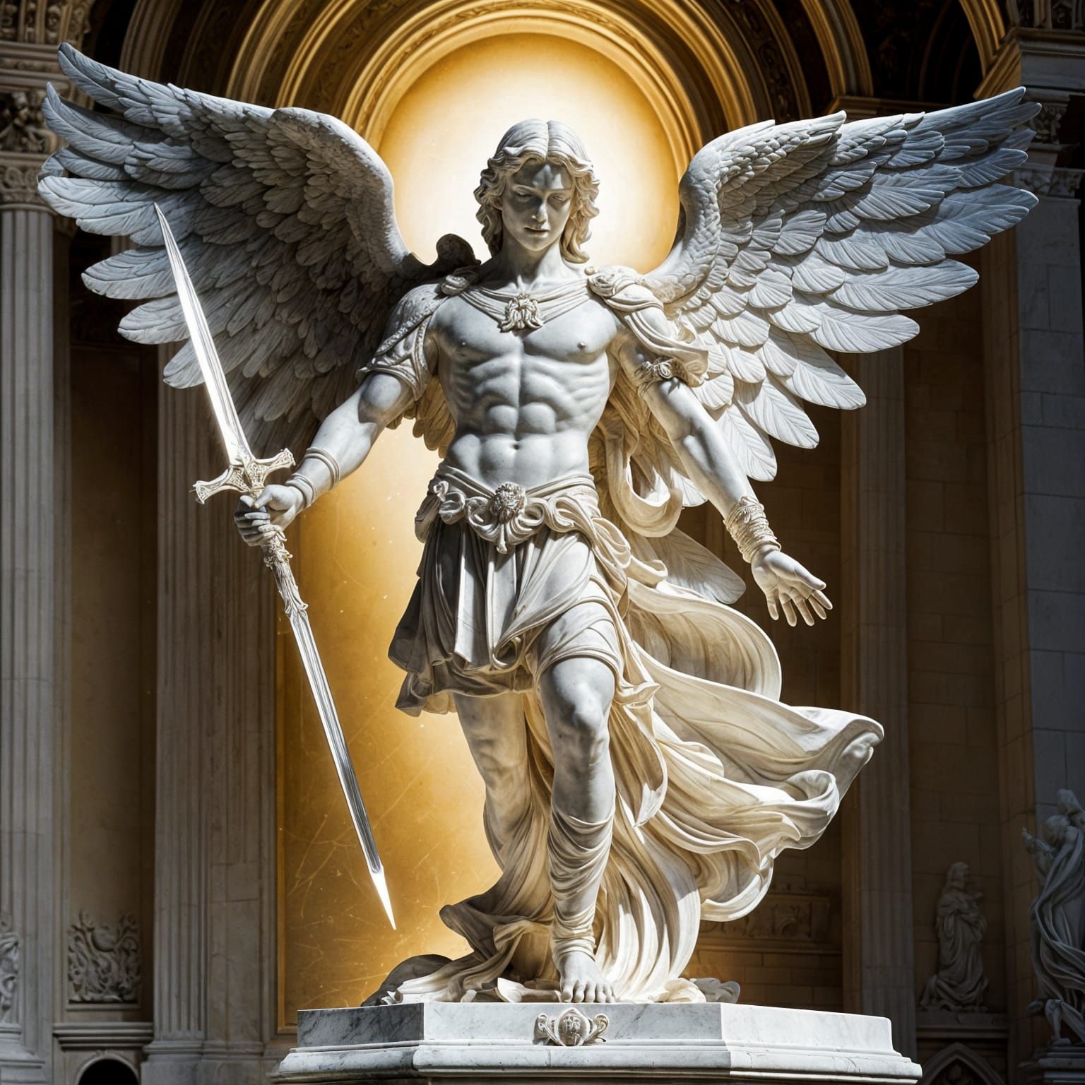 Archangel Michael Marble Statue in Volumetric Light