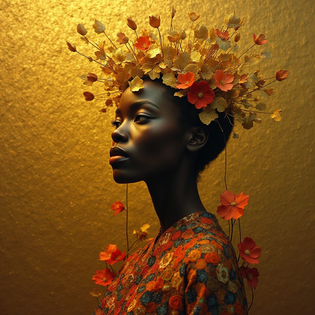 Sudanese Folklore Portrait with Gold Accents