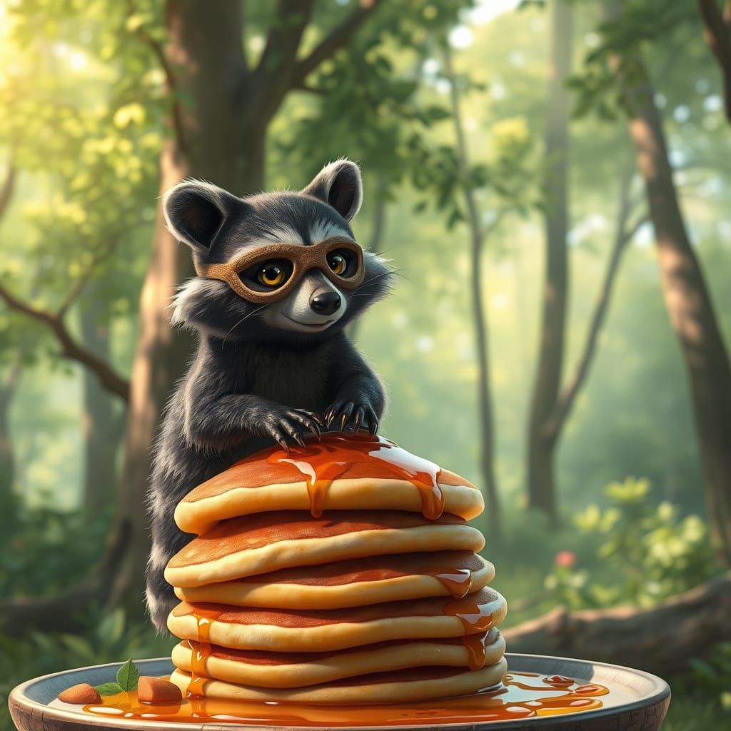 Whimsical Raccoon Bandit in Sunlit Forest Glade