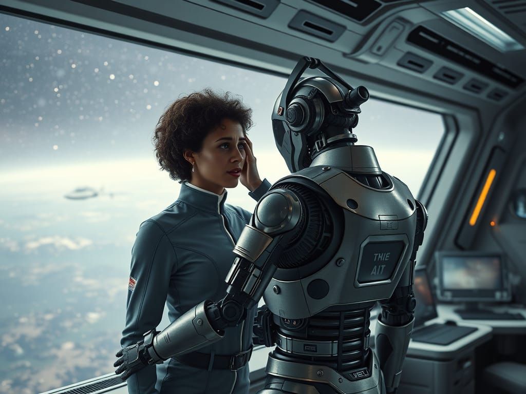 Distraught Spacewoman Finds Solace with Cybernetic Companion