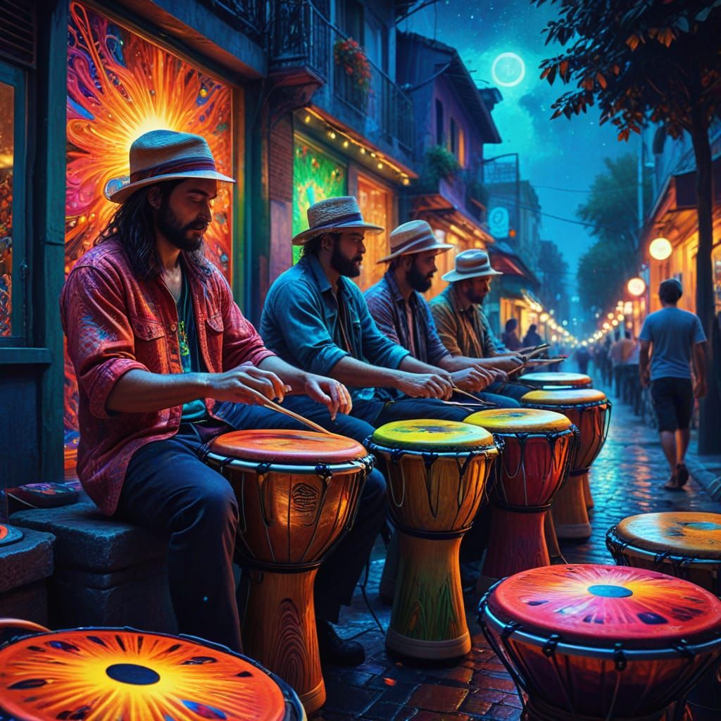Vibrant Neon Percussion Festival in Surreal Expressionism