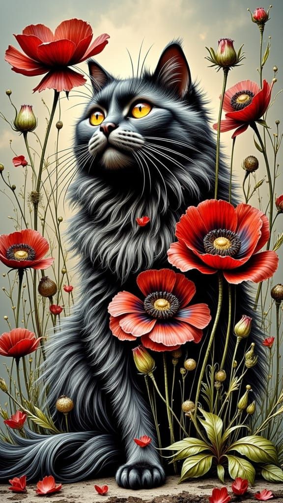 Mystical Black Cat Amidst Black Poppies