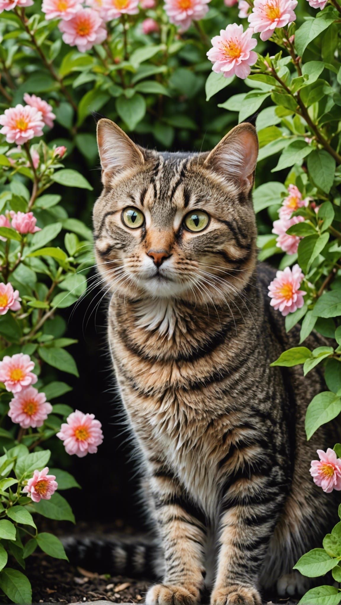 Tabby Cat Gazing from Under Flower Bush