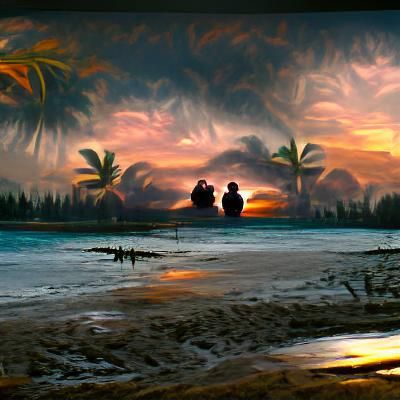 Tropical Beach Sunset with Couple: Digital Painting