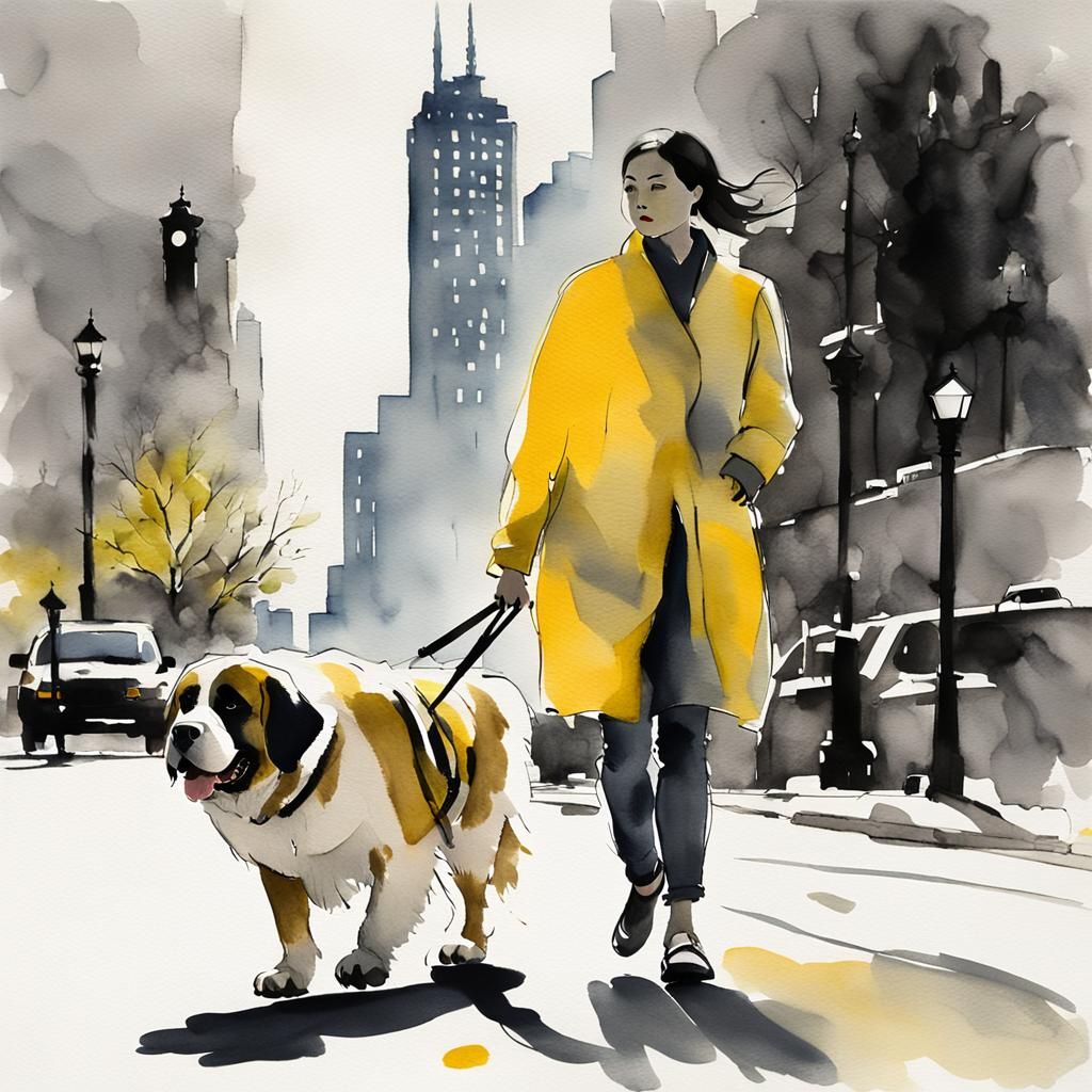 Woman Walking Dog in Chicago: Ink and Wash Art