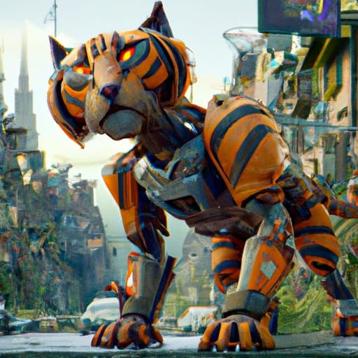 Robot Tiger in City Jungle: Detailed Matte Painting