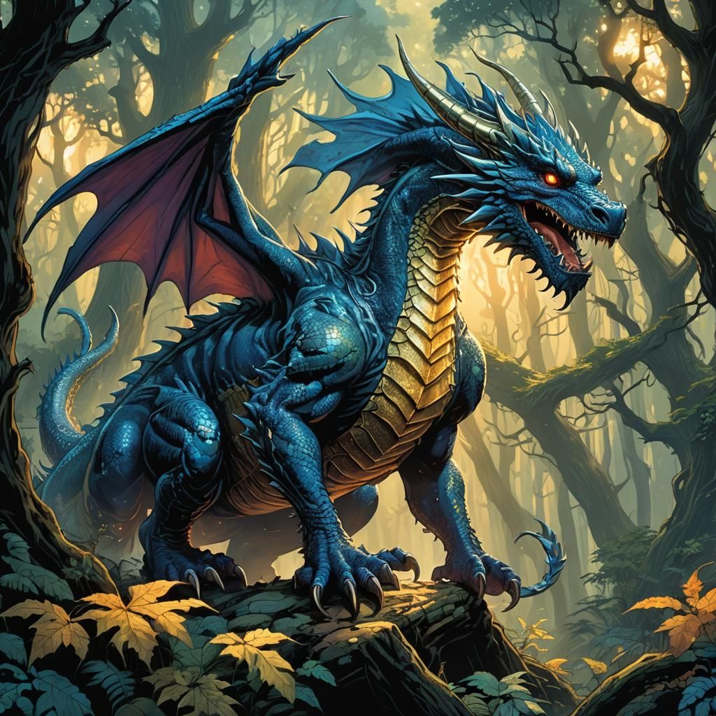 Blue Dragon in Misty Forest: Comic Book Art