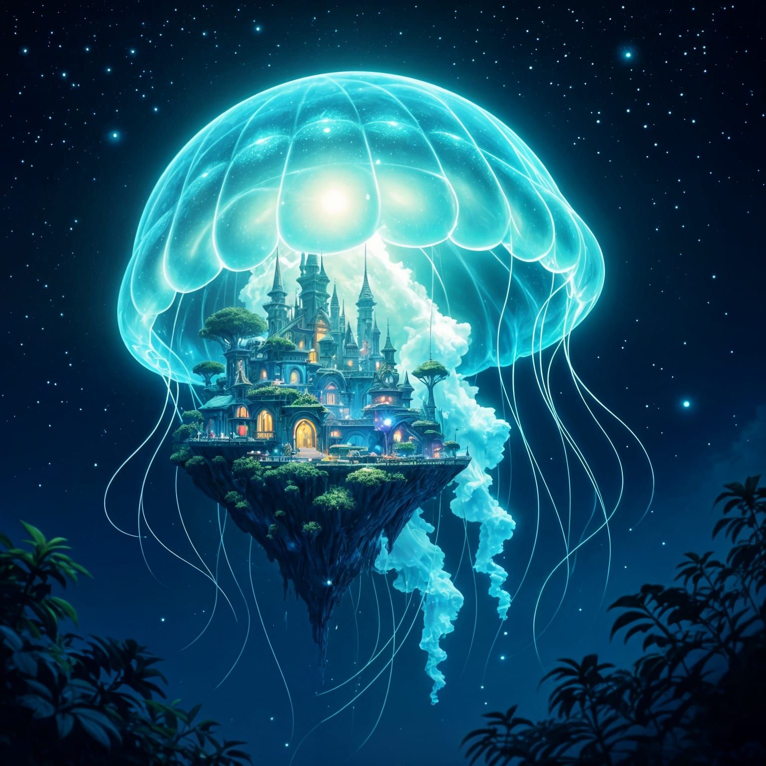 Bioluminescent Jellyfish City in Space