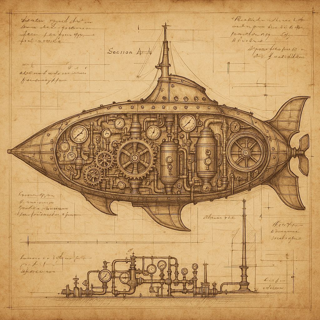 Steampunk Submarine Blueprint Inspired by Jules Verne