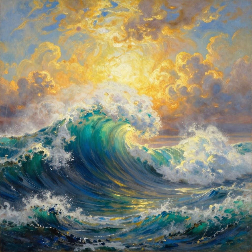 Majestic Oil Painting of a Colossal Wave at Golden Hour