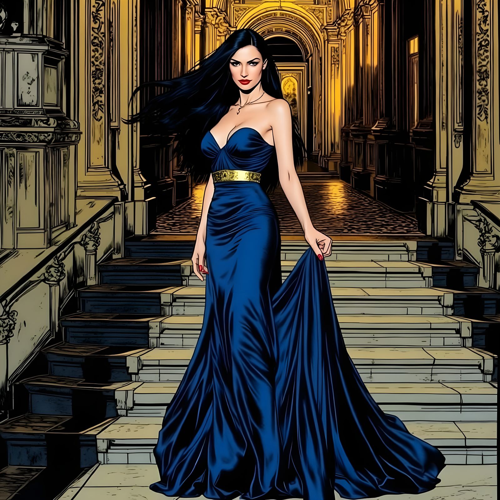 Glamorous Woman in Sapphire Gown, Comic Art Style