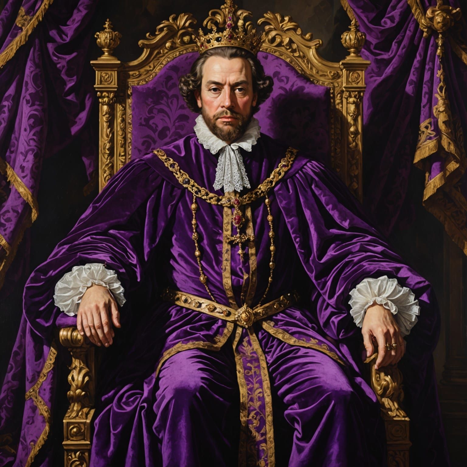 Baroque King in Purple Velvet Robes on Throne