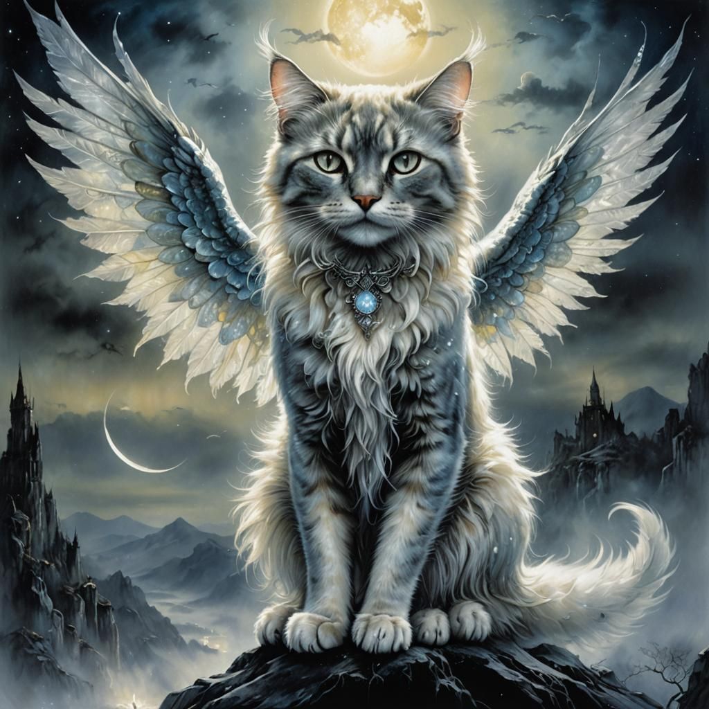 Iridescent Angelic Cat in Dark Fantasy Style