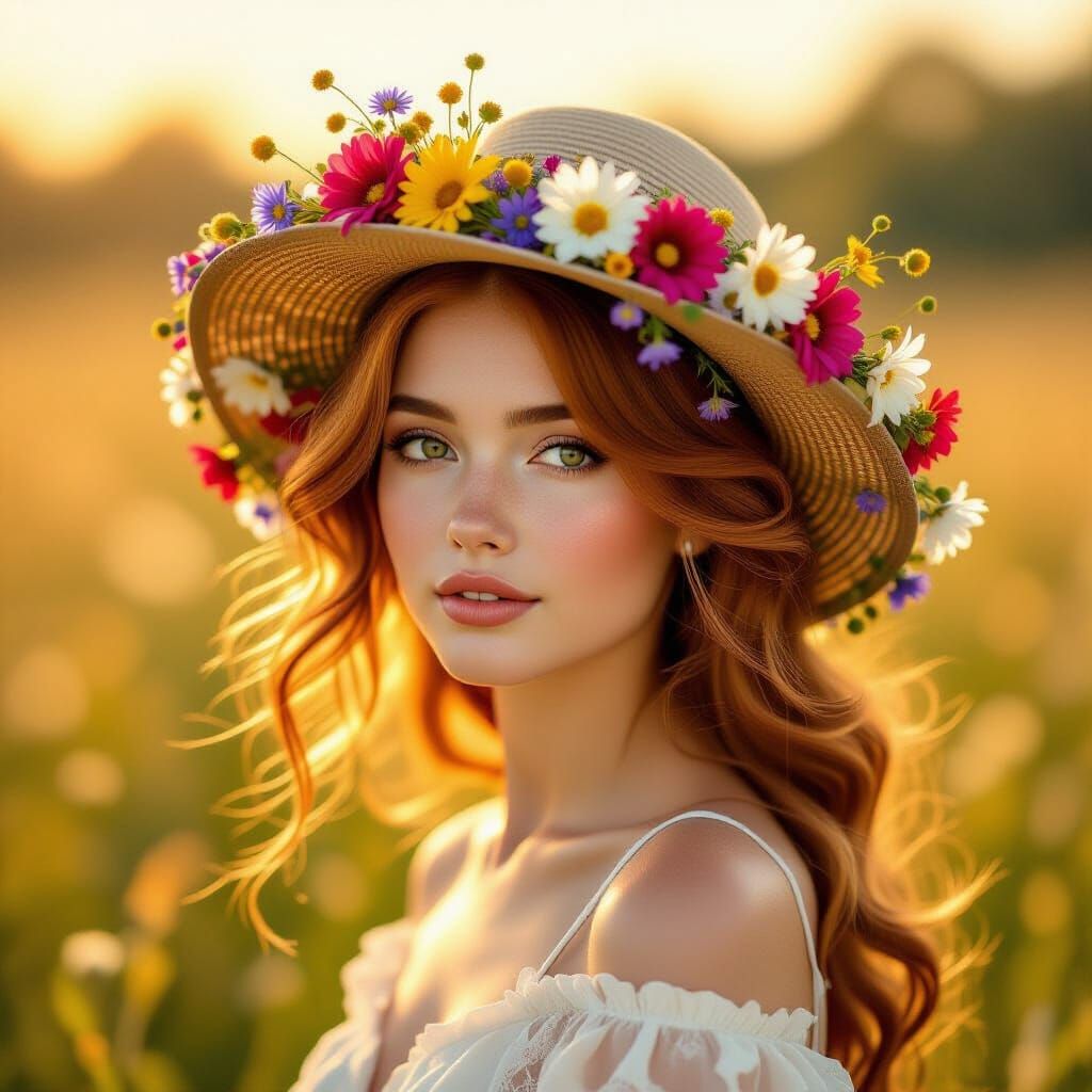 Woman in Wildflower Hat on Sunlit Meadow