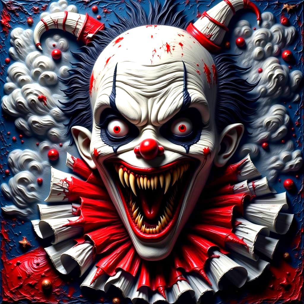 Hideous Evil Clown with Blood Splatters in Surreal Nightmare...