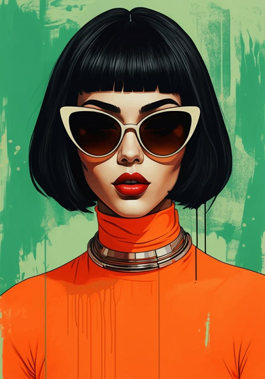 Glamorous Woman in Bold Orange Outfit with Metallic Choker