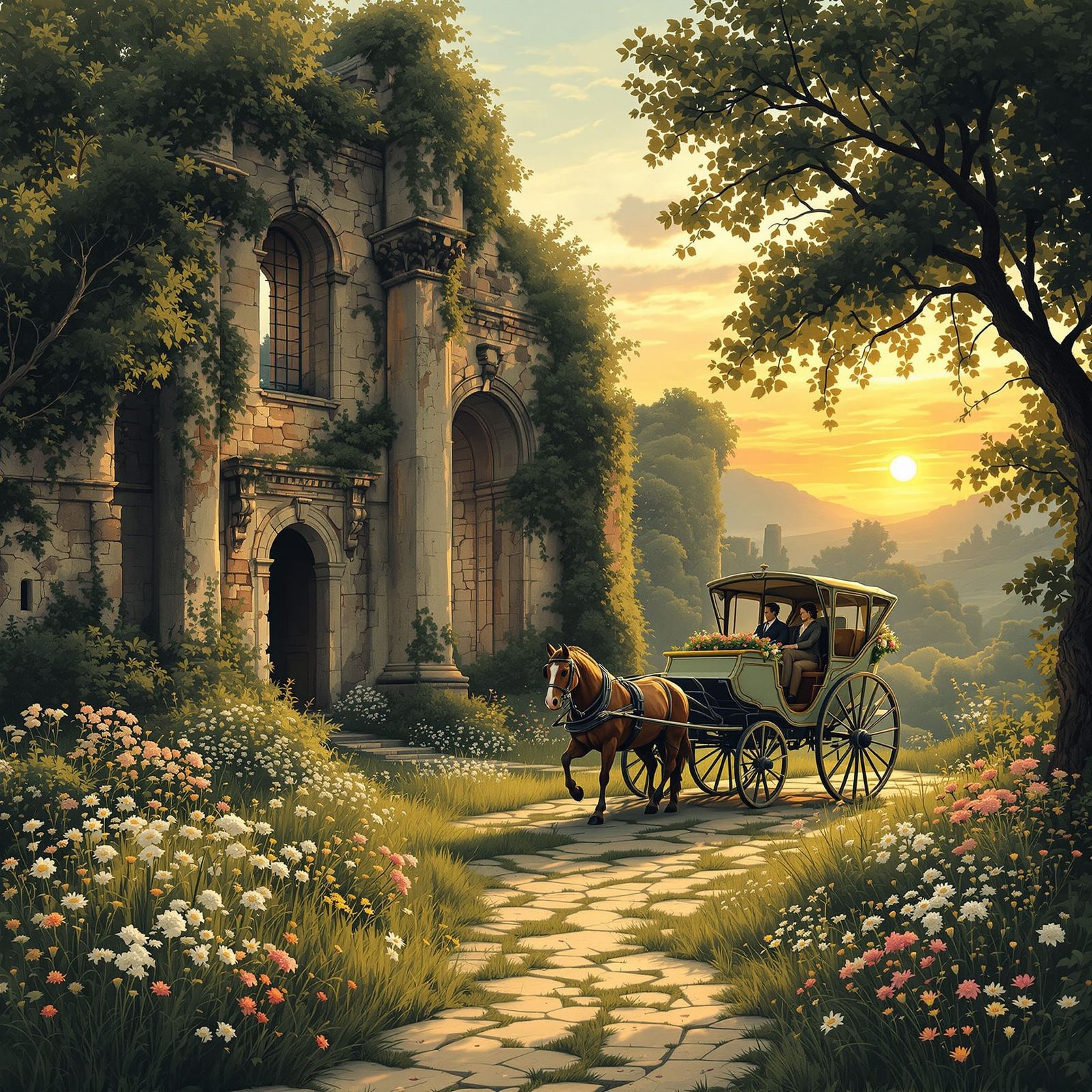 Vintage Carriage by Ancient Ruin at Sunset