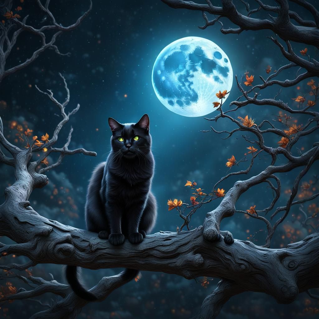 Black Cat Moon Gaze: Detailed Matte Painting