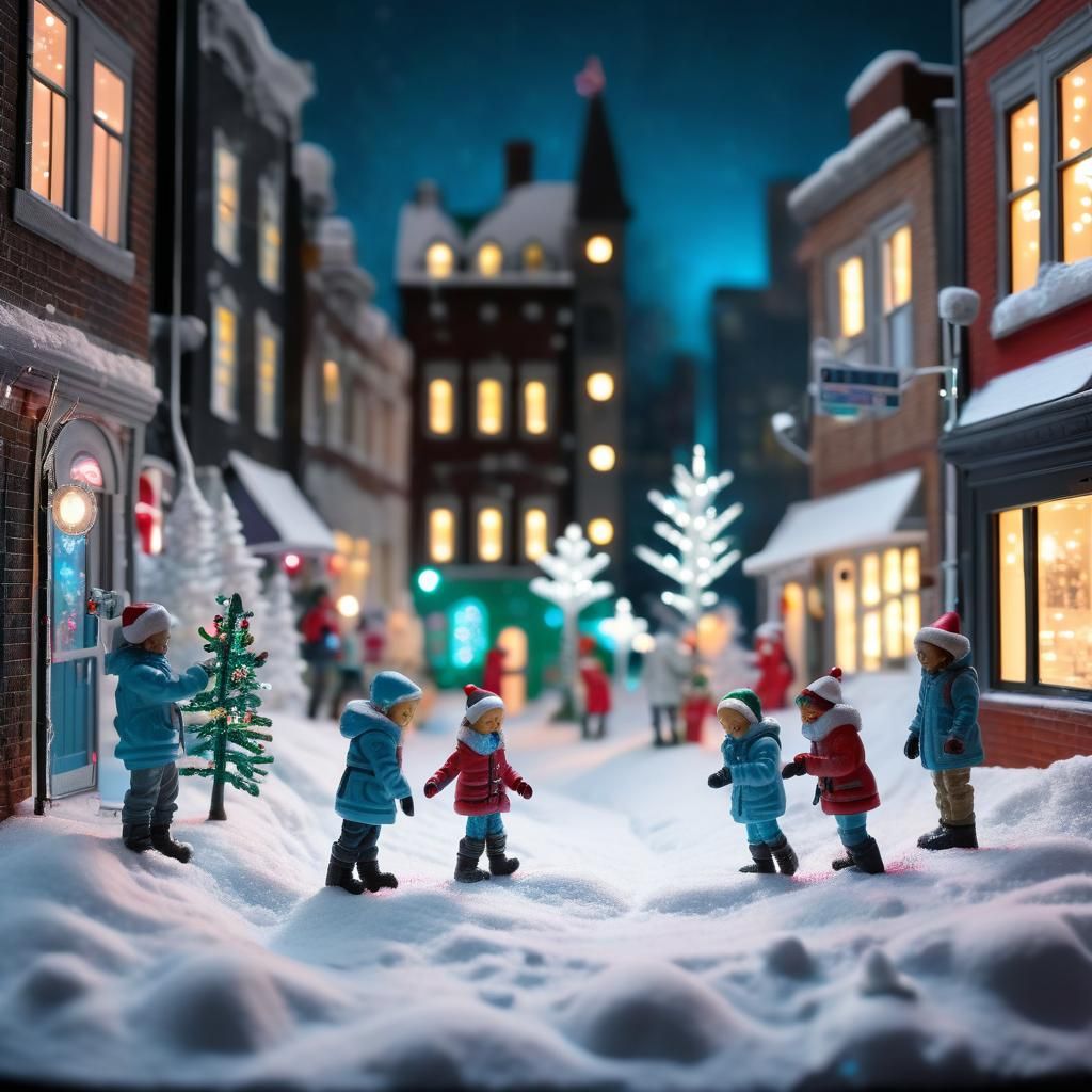 Glowing Christmas City Scene with Children at Play