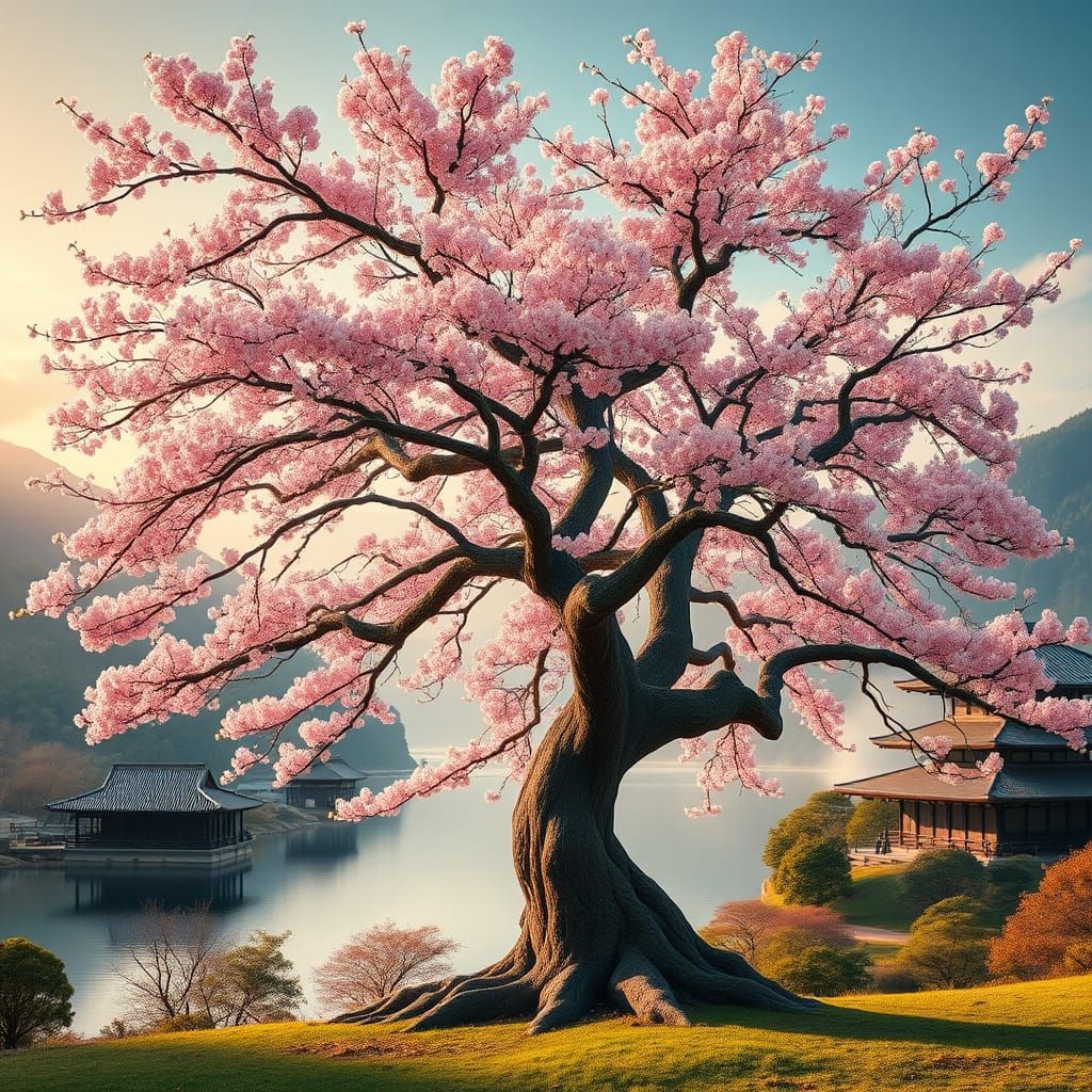 Sakura Tree by Lake in Lyrical Japanese Landscape