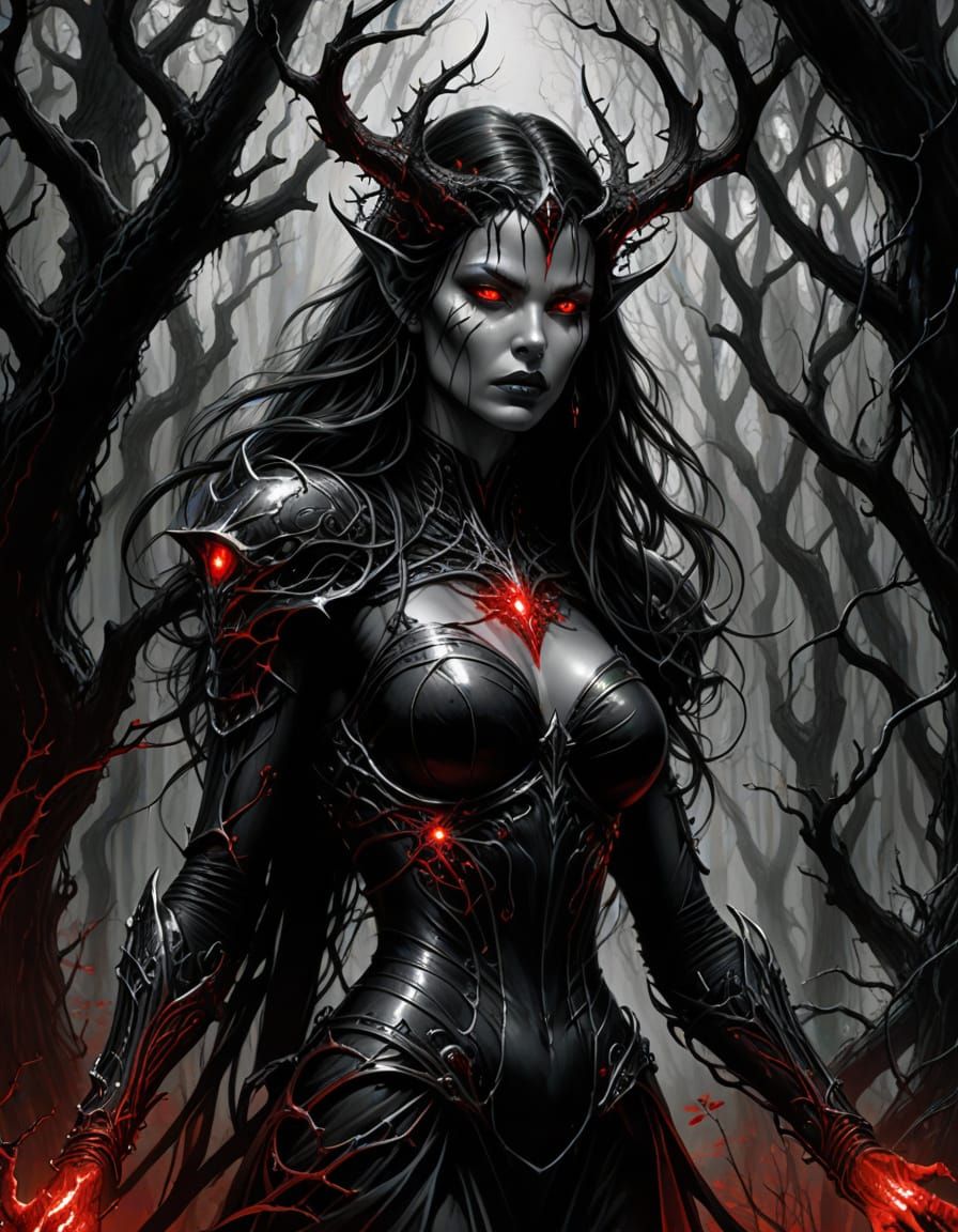 Cyborg Sorceress Summons Demon: Dark Fantasy Illustration