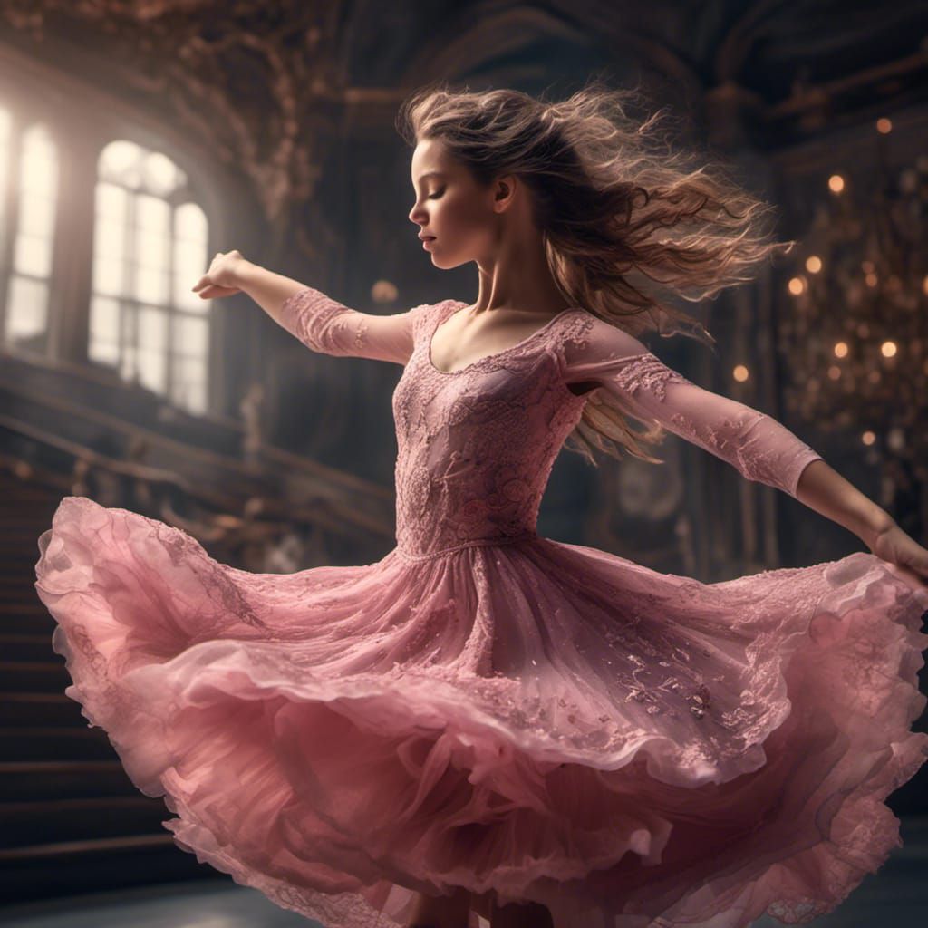 Hyperrealistic Girl Dancing Ballet in Pink Dress
