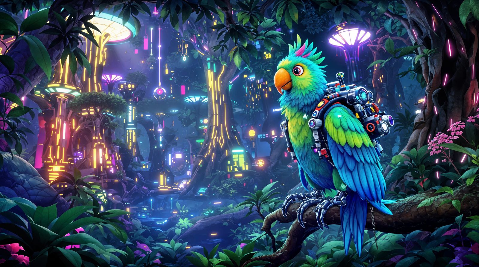 Cyborg Parrot in Futuristic Jungle Scene