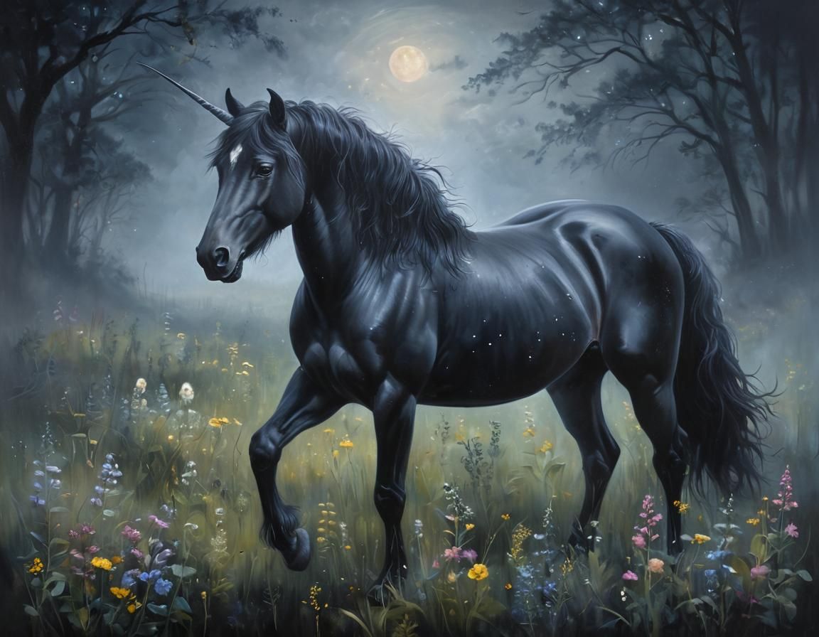 Black Unicorn Exhaling Mist in Moody Oil Painting