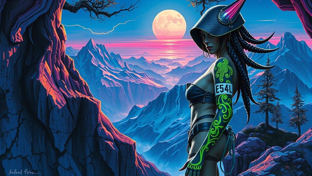 Cyberpunk Woman with Neon Tattoos on Cliff