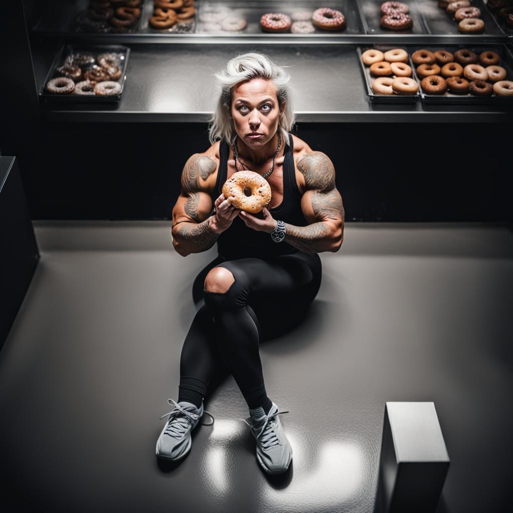Female Bodybuilder's Donut Cheat Meal Portrait