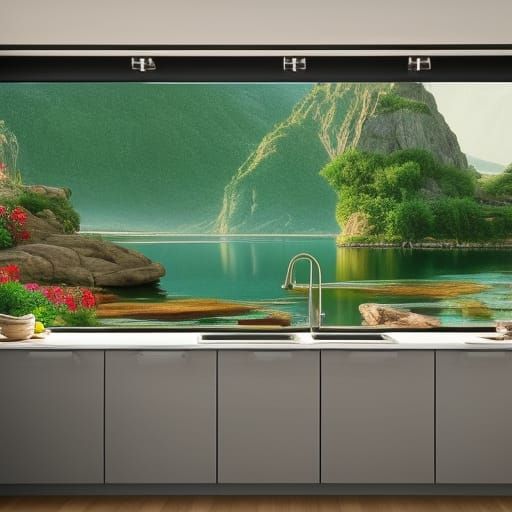 Colorful Kitchen with Stone Floor, Hyperrealistic Photo
