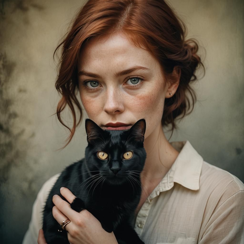 Woman with Black Cat: Warm, Soft-Focus Portrait
