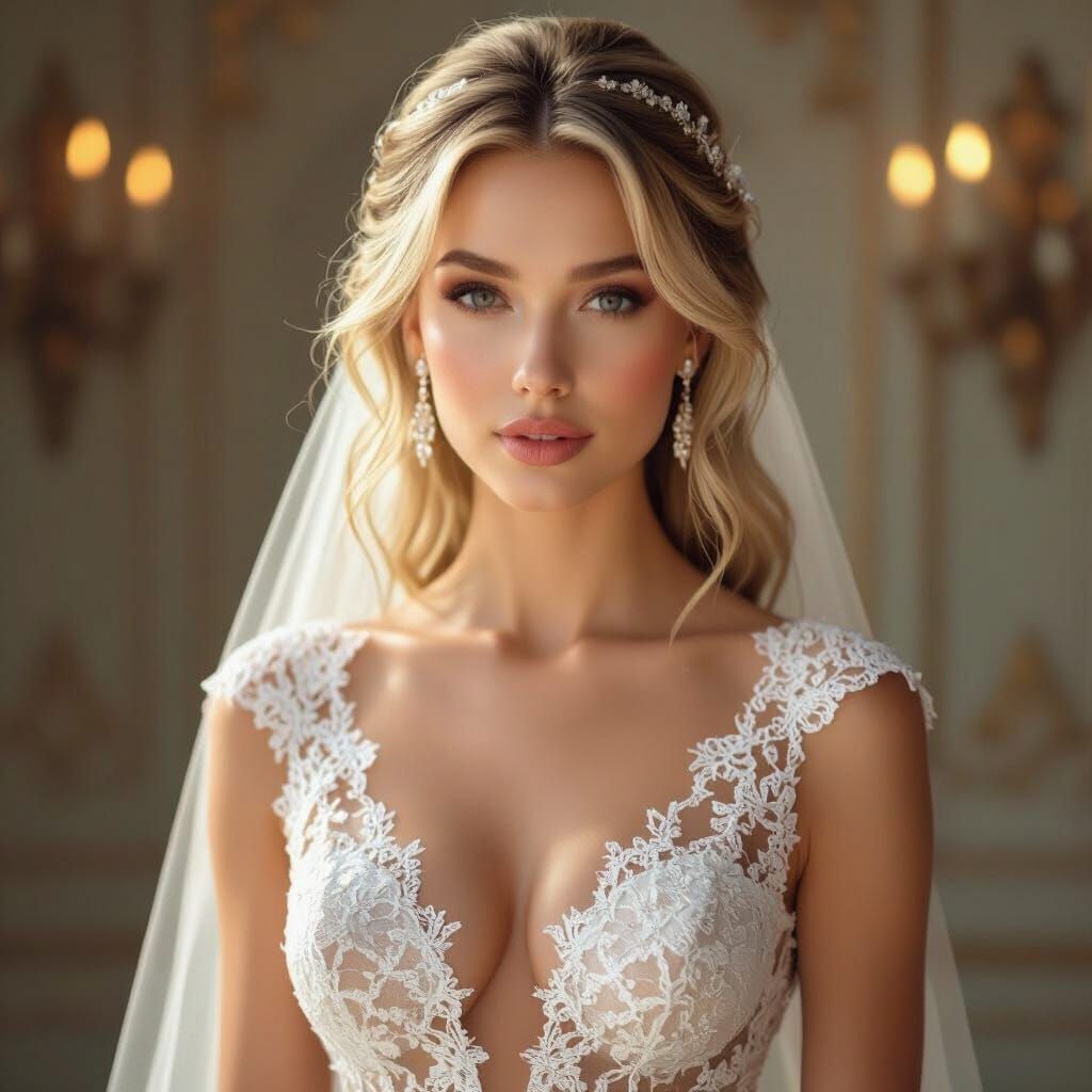 Elegant Blonde Bride in Lacy Wedding Dress Portrait