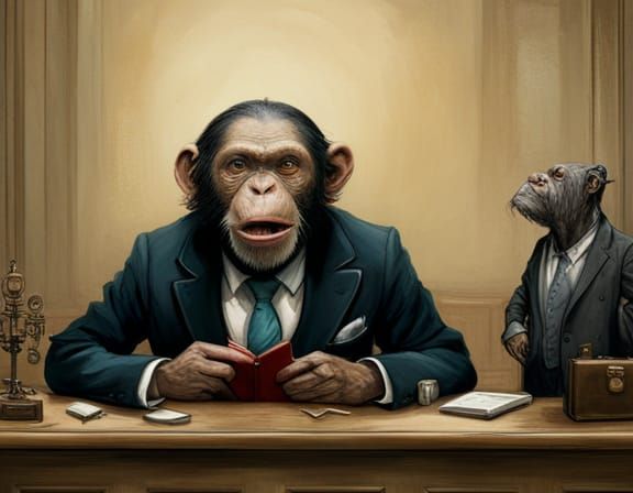 Chimpanzee Lawyer in Courtroom, Fantasycore Art