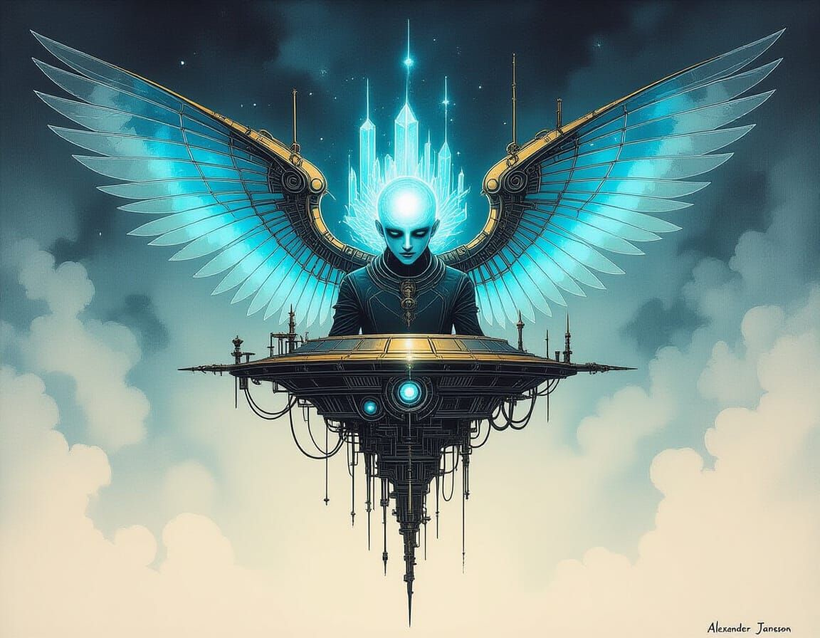 Glowing Spirit with Mechanical Wings in Expressionist Style